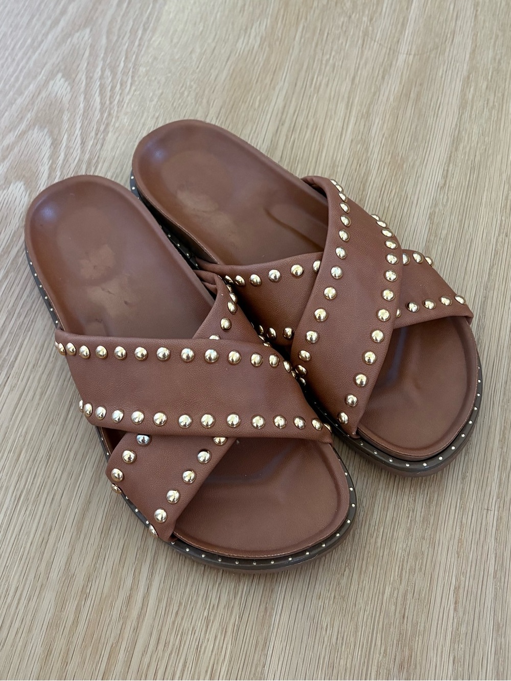 Brown Studded Cross-Strap Slide Sandals